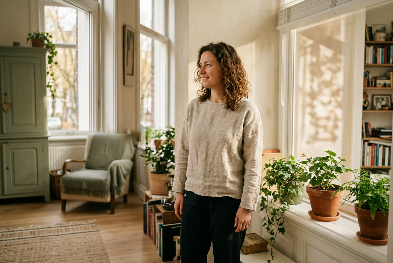 Vrouw staat rustig bij het raam in een lichte woonkamer