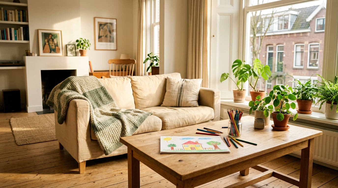 Zonnige woonkamer met een kindertekening en kleurpotloden op tafel