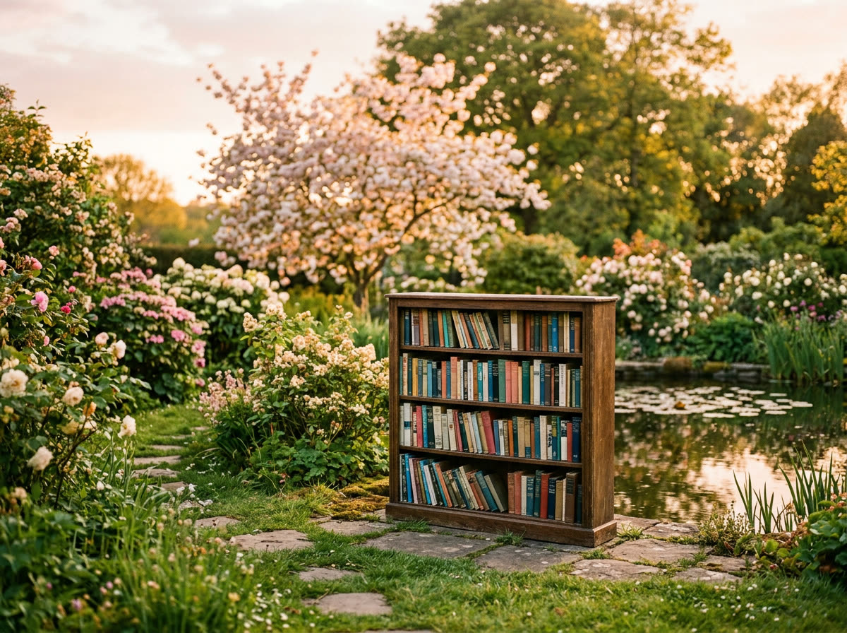 Boekenkast in een bloeiende tuin bij een vijver